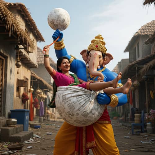 Ganesha Super Hero Scene: Indian Village Playful Delight
