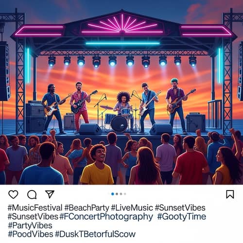 Music Festival on Beach at Dusk: Diverse Live Band & Vibrant Crowd