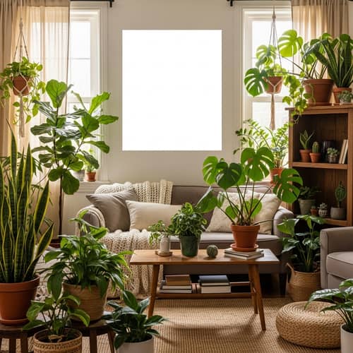 Authentic Living Room with Houseplants and White Square Poster
