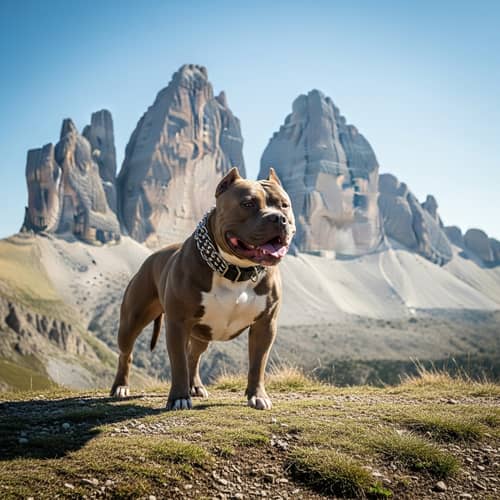 American Bully Dog Standing Tall with Majestic Mountain Range