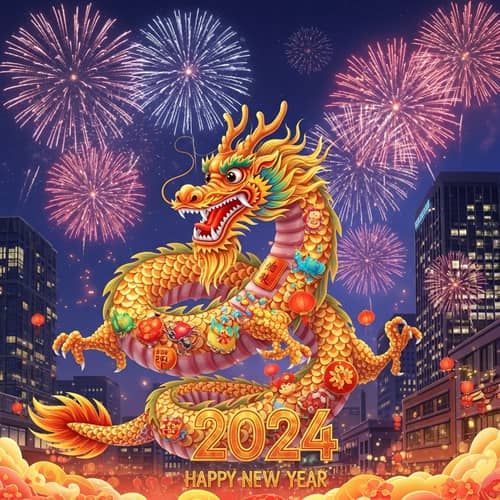 Vibrant New Year Dragon Dance 2024 in Urban Setting