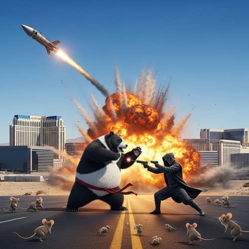 Desert City Bear vs. Cloaked Figure Explosive Battle