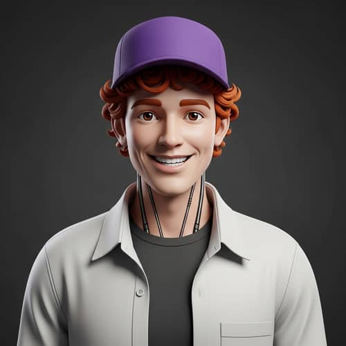 Friendly Male AI Robot with Purple Snapback Hat - Approachable Stylish Design