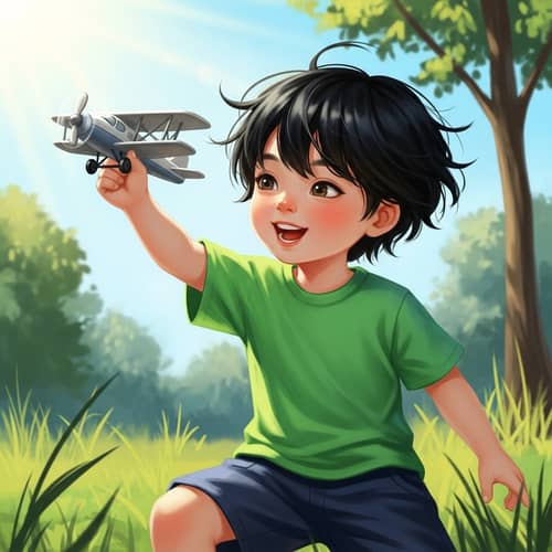 Joyful Asian Boy Playing with Toy Plane in Sunlit Park