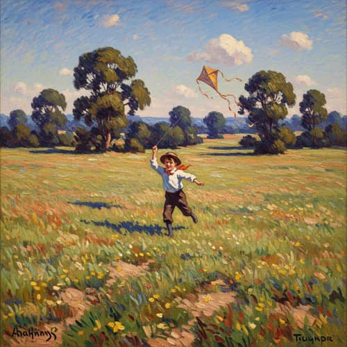 Exuberant Young Boy Running with Kite in Vibrant Impressionist Field