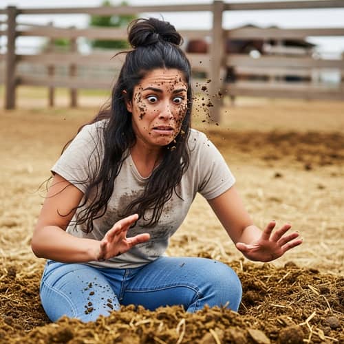 Embarrassing mishap: Hispanic woman falls into horse manure
