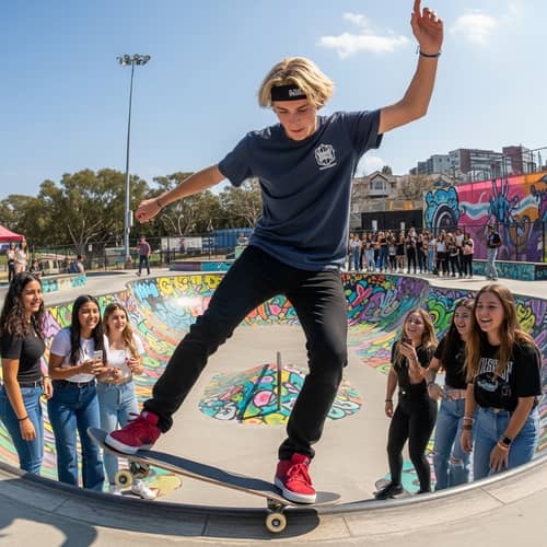 Dynamic Skateboarding Scene: Teenage Boy in a Colorful Skate Park
