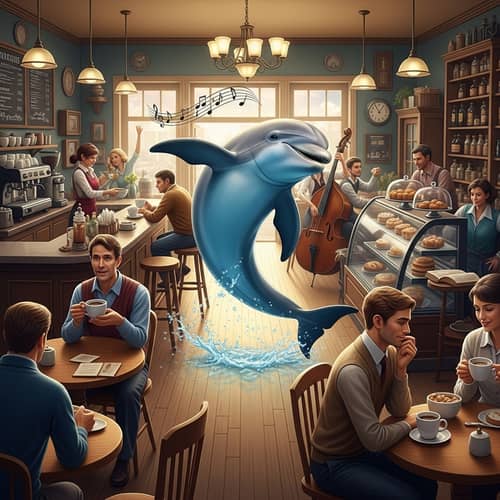 Charming Café Scene with Dancing Dolphin