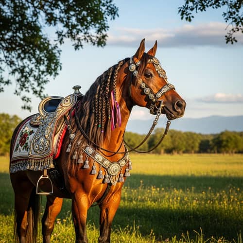 Magnificent Horse in Open Field Adorned with Intricate Trimmings