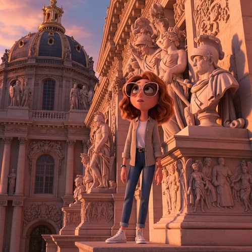 Pixar-Style Animation of a Girl with Sunglasses and Copper-Brown Hair in Paris