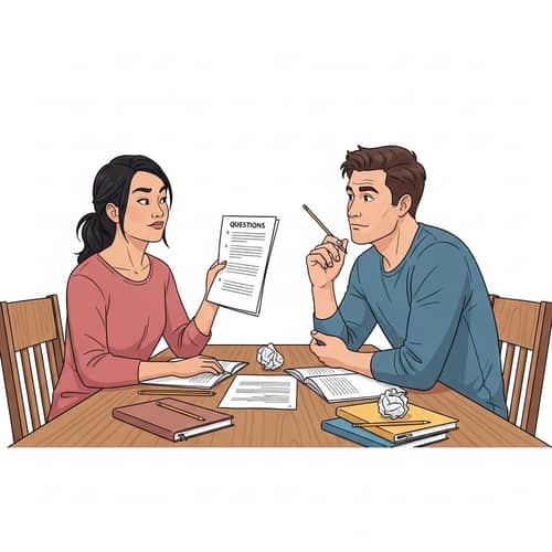 Engaging Asian Wife Quizzes Caucasian Husband at Dining Table