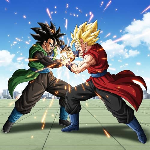Intense Anime-Style Battle Scene with Black-Haired and Blonde Characters
