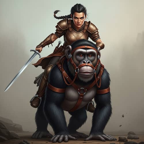 Fierce Hispanic Warrior Riding Monkey | Silver Sword in Hand