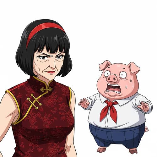 Japanese Anime-Style Illustration with Woman and Anthropomorphic Pig