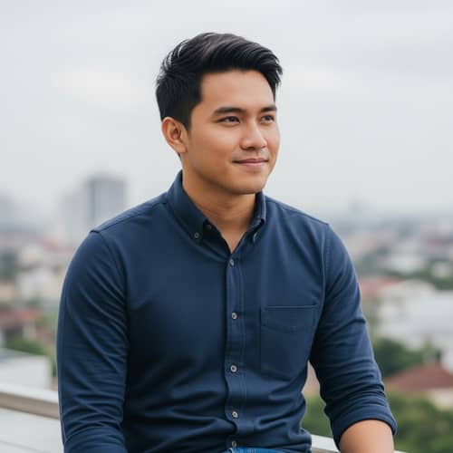 Handsome Southeast Asian Man Flashing Sweet Smile | Casual Cityscape Portrait