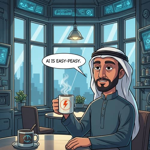 Sci-Fi Cartoon: Middle-Eastern Man with Lightning Bolt Coffee Mug in Futuristic Coffee Shop
