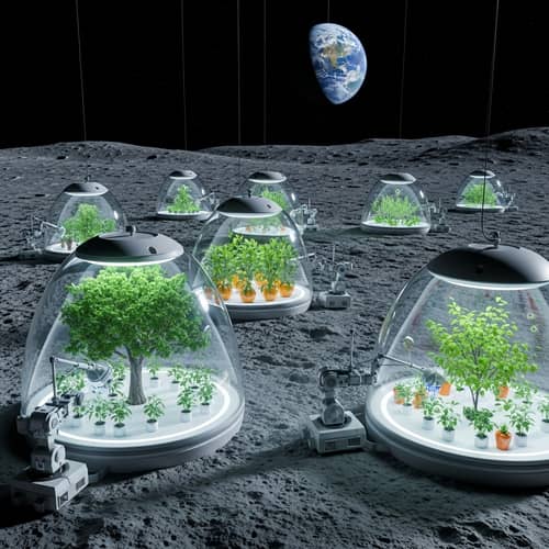 Surreal Moon Landscape with Agricultural Modules | Lunar Ecosystem