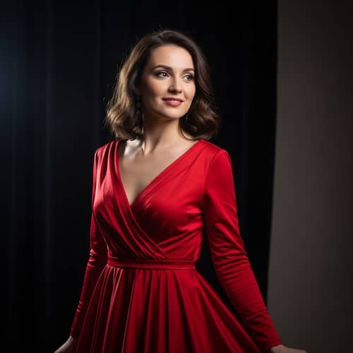 Classic Cinema Style Portrait of a Brunette Woman in a Red Gown