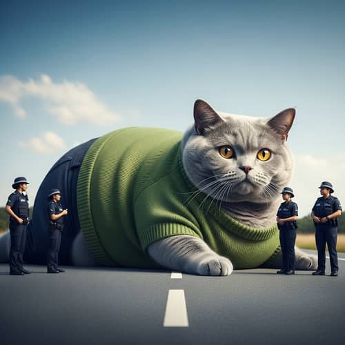 Realistic and Aesthetic British Cat in Green Sweater on Road