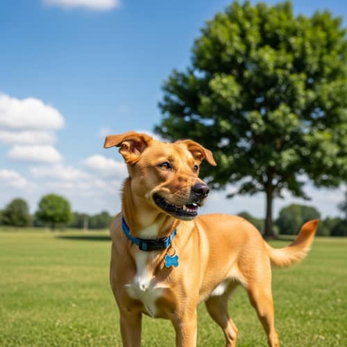 Playful Medium-Sized Dog on Sunny Grass Field