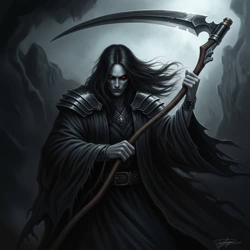 Gothic Fantasy Scene with Mysterious Figure and Sharp Scythe