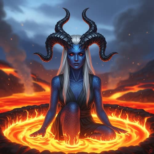 Mystical Woman with Horns in Lava | Powerful & Serene Presence