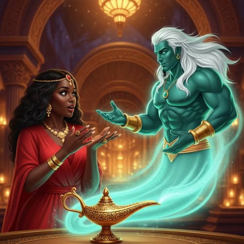Magical Genie Grants Surprises to Black Woman in Red Dress