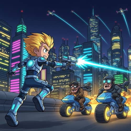 Futuristic Young Boy in Neon Cityscape | Action Cartoon Art
