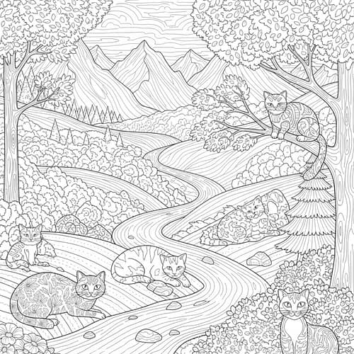 Adult Coloring Landscapes with Cats | Intricate Nature Designs