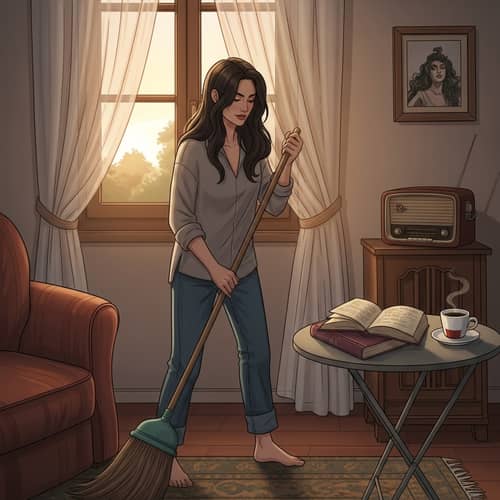 Italian Woman Sweeping Her House at Sunset