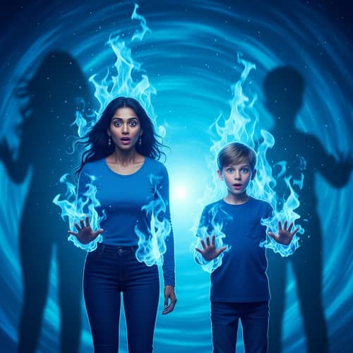 Ethereal Blue Magic: South Asian Woman and Caucasian Brother in Mystical Flames
