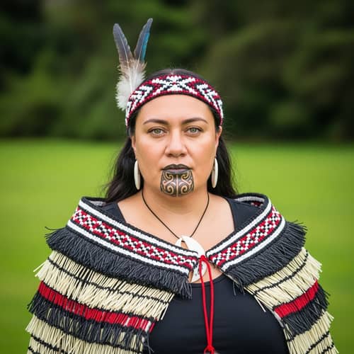 Proud Maori Woman Adorned in Traditional Attire