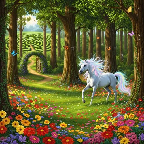 Magical Unicorn in Lush Meadow with Flowers and Forest Maze