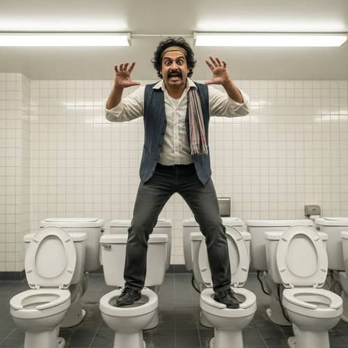 Eccentric South Asian Man Balancing on Toilets
