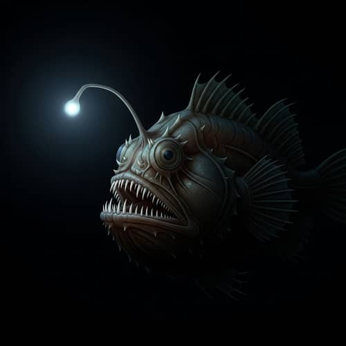 Realistic Anglerfish with Glowing Antenna in Dark Ocean Depths