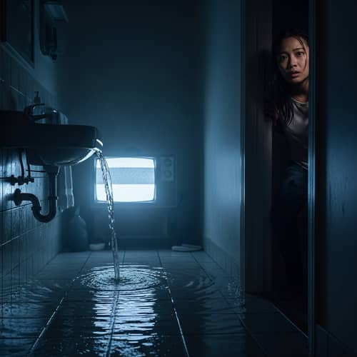 Chilling Bathroom Scene with Spilling Water and TV