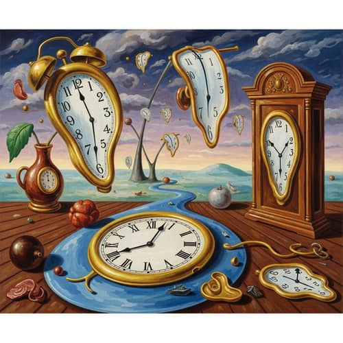 Surrealistic Time Concept with Distorted Clocks and Melting Objects