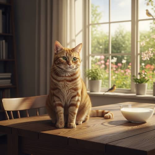 Cozy Home Scene with Fluffy Ginger Cat on Oak Wood Table