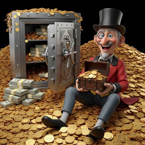 Wealthy Comic Character surrounded by Coins | Treasure Chest