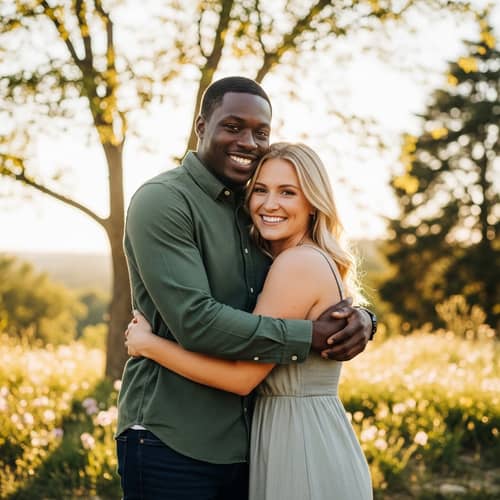 Genuine Companionship Outdoors: Black Man & Blonde Woman Hugging