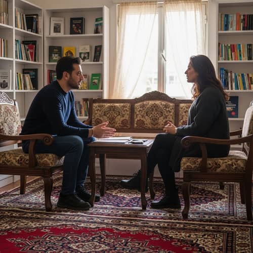 Male Psychologist Providing Emotional Support to Kurdish Female Journalist
