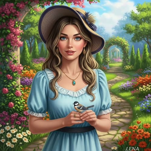 Beautiful Painting of Lena in Blue Summer Dress with a Small Bird