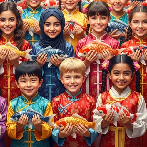 Diverse Children in Traditional Chinese Attire with Colorful Koi Fish