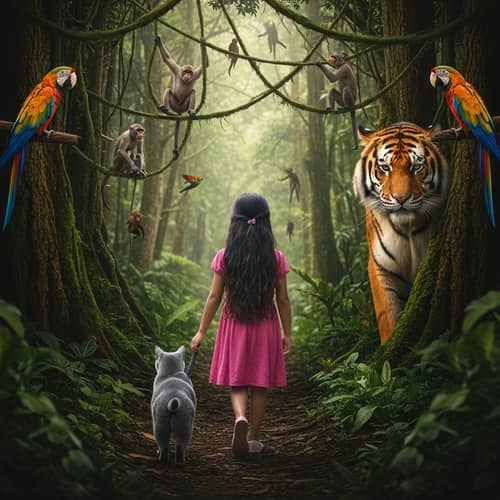 12-Year Old Girl and Cat Explore Realistic Jungle - Professional Photography