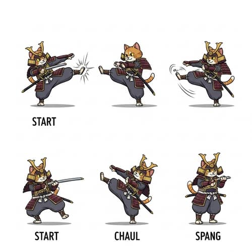 Animated Manul Samurai Kick: 7 Stages in Anime Style