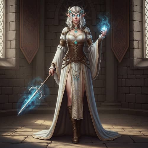 Semi-Elf Woman Sorceress in Elaborate Medieval Attire