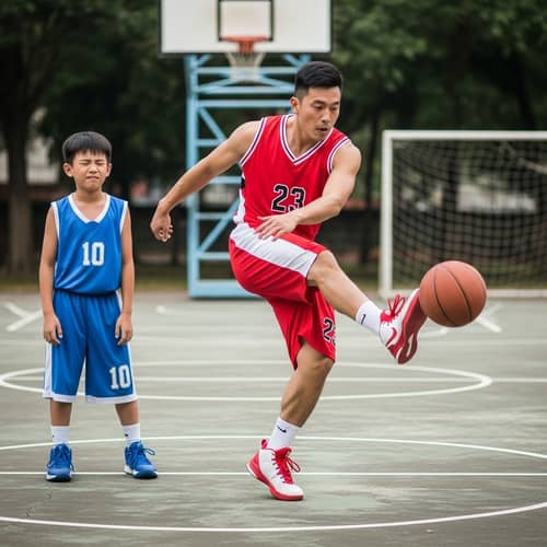 Dynamic Asian Male Basketball Player Kick Ball Photo