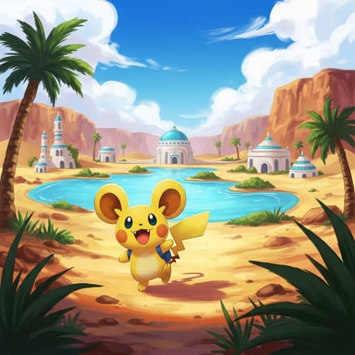Playful Pikachu in Vibrant Desert Oasis | Warmth & Adventure