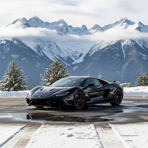 Sleek Black Sports Car against Snowy Mountain Backdrop