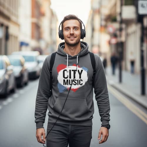 Happy Caucasian Man Walking with TOMMY ENGLISH Logo Hoodie